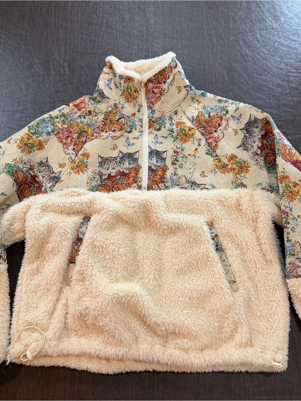 Cider Cream Sherpa Jacket with Cat Print Sz M